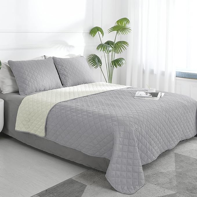 Easy-Going Queen Plus Size Reversible Quilt Set with 1 Quilt and 2 Pillow Shams, Soft Bed Quilt Cover, Water Resistant Lightweight Microfiber Bedspread, Stain Resistant, Light Gray/Ivory