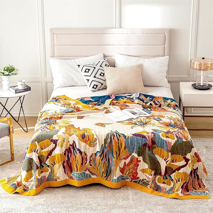 MSGKV 100% Cotton Throw Blanket for Bed Couch Fall 90''x 98'' Super Soft Muslin Blankets Warm Boho Quilt Lightweight Farmhouse Decorative Bed Blankets