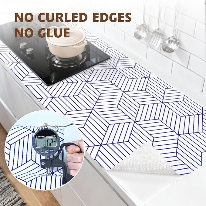 Shelf Liners for Kitchen Cabinets 17.3in x 20FT, Non Adhesive Cabinet Liner Strong Non-Slip White and Blue Geometric Drawer Liner, Easy to Clean for Shelf, Cabinet with Knife and Tape Measure