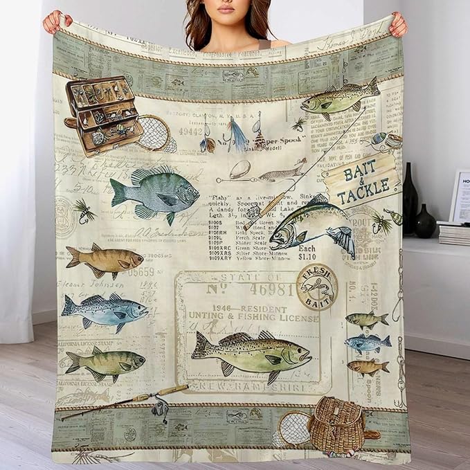 Fishing Blanket Gifts for Men and Kids - Soft Warm Cozy Fleece Throw for Adults - Fish Theme Couch Sofa Bed Cover 40"x50"