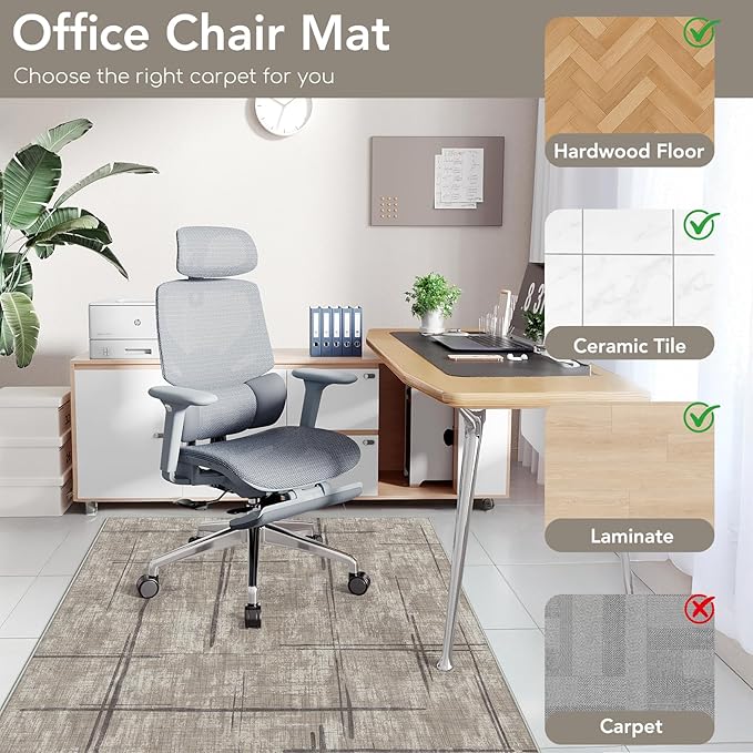 Office Chair Mat for Hardwood Floor&Tile Floor,48"X 60" Heavy Duty Desk Chair Mat for Hard Floors,Under Desk Rug for Rolling Computer Chair,Anti Slip,Low Pile Carpet Floor-Khaki
