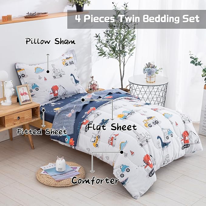 DJY Cotton Twin Bedding Set, Dinosaur Cars Reversible Twin Comforter Set for Kids Boys Girls, 4 Pieces Bed in a Bag Includes Quilted Comforter, Flat Sheet, Fitted Sheet and Pillowcase