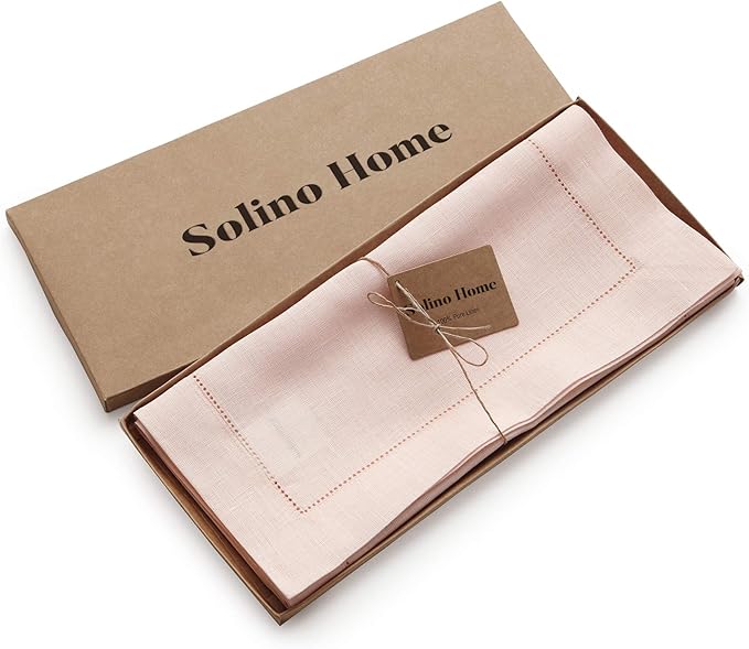 Solino Home Linen Pink Table Runner 60 Inches - Classic Hemstitch, 100% Pure Linen Coffee Table Runner 14 x 60 Inch Ideal for Dresser Tables - Christmas