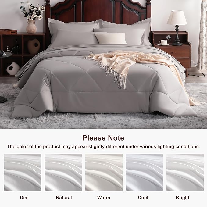 NTBAY King Comforter Set with Sheets, 7 Pieces Soft and Breathable King Bedding Set, Bed in a Bag, Down Alternative Comforter Set Solid Color All Season, Smoke Grey