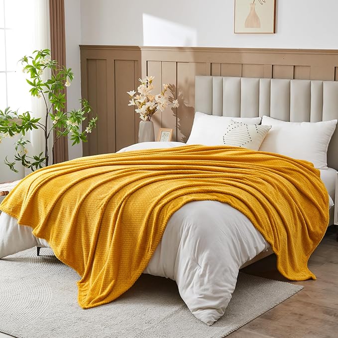 NEWCOSPLAY Super Soft Queen Blanket Mustard Yellow Premium Silky Flannel Fleece Leaves Pattern Lightweight Bed Blanket All Season Use (Mustard Yellow, Queen(90"x90"))