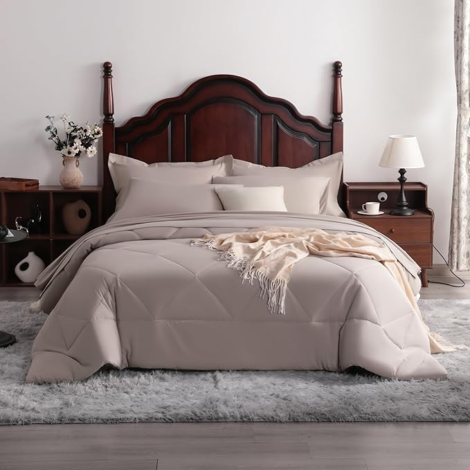 7-Piece Queen Comforter Set with Sheets – Soft and Breathable All-Season Queen Bed in a Bag, Down Alternative Comforter Set Solid Color All Season, Light Taupe