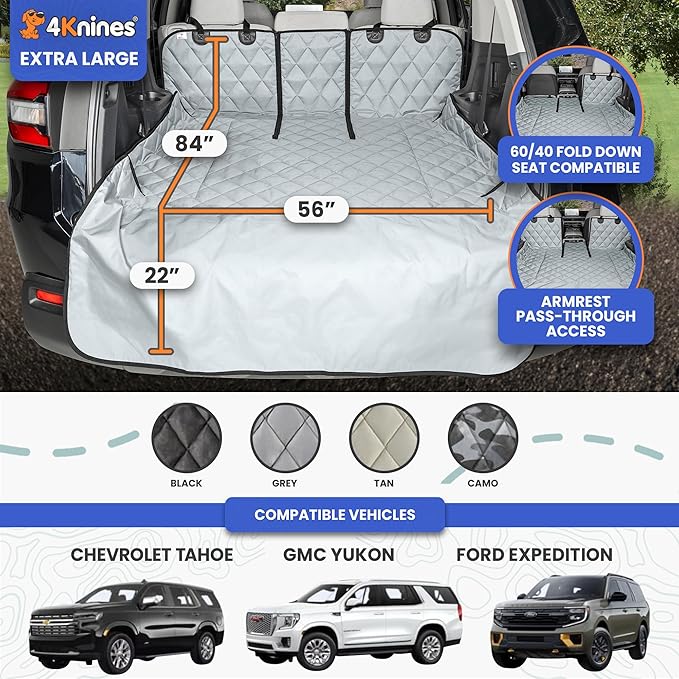 4Knines Split Cargo Liner for SUV – for Dogs & Pets, Heavy-Duty, Waterproof Trunk Mat & Cargo Cover – Fits 60/40 Split Bench & Armrest Pass-Through – Machine Washable, Non-Slip (Extra Large, Grey)