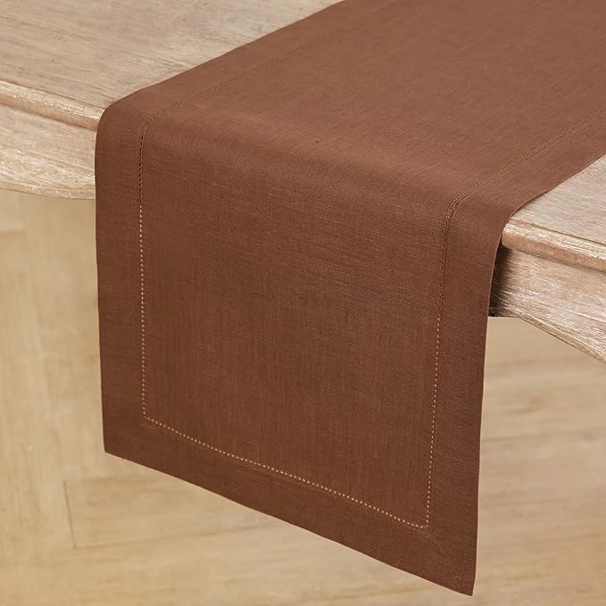 Solino Home Linen Brown Table Runner 108 Inches Long - 100% Pure Linen 14 x 108 Inch Table Runner - Classic Hemstitch