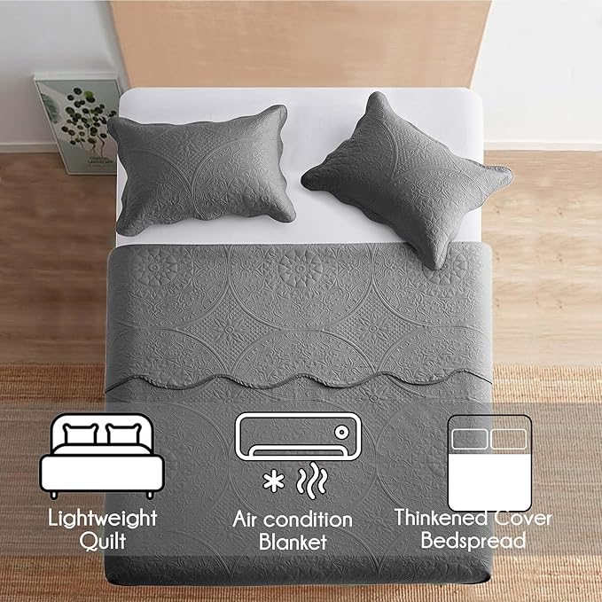 IR Imperial Rooms King Quilt Bedding Set Size (106" x 96") + 2 Pillow Shams (20" x 36"+ 2") - 3 Pcs All Season Lightweight Reversible Microfiber Coverlet Floral Embossed Quilt Bedspread (Grey)