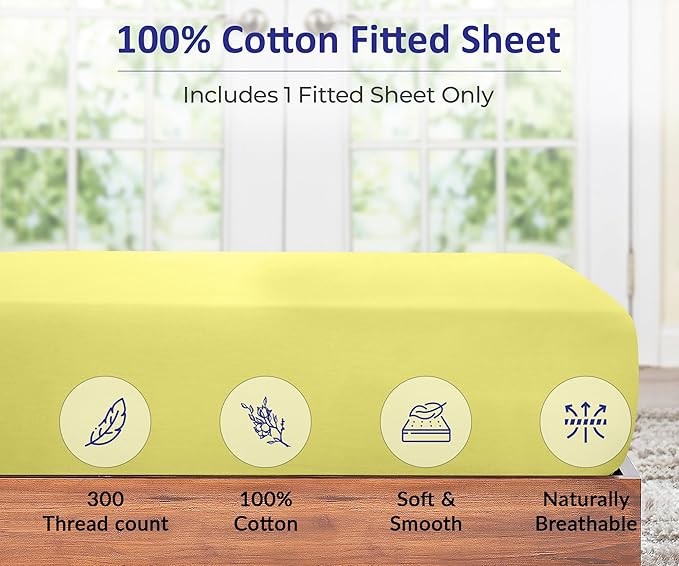 ROYALE LINENS 300 Thread Count 100% Long Staple Combed Cotton Fitted Sheet California King - Super Soft Deep Pocket Bottom Sheet - Fitted Sheets Only - Elastic Sheets (Cal King, Yellow)