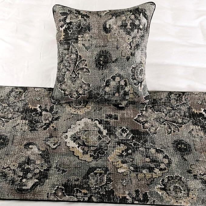 The HomeCentric Decorative Black & Grey Full 68 x 18 inch Bed Runner with 2 Pillow Cover Set, Velvet Damask with Tassels Bed Scarf, Abstract Modern - Paved Damask