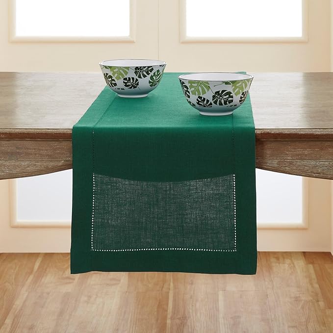 Solino Home Linen Rainforest Green Table Runner 90 Inches Long - 100% Pure Linen Hemstitch 14 x 90 Inch Table Runner for Dining, Christmas, New Year - Classic Hemstitch