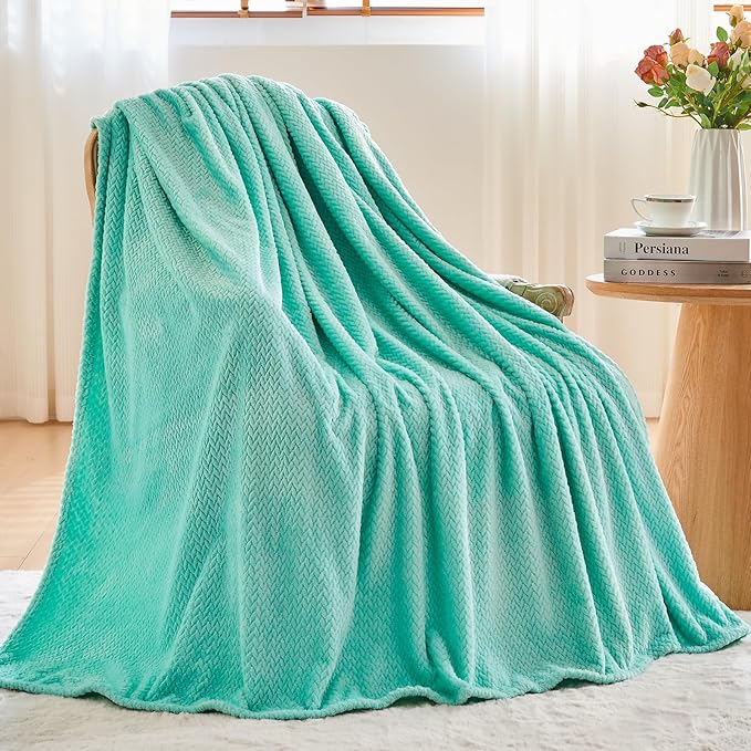 NEWCOSPLAY Super Soft Twin Blanket Aqua Premium Silky Flannel Fleece Leaves Pattern Lightweight Bed Blanket All Season Use (Aqua, Twin(60"x80"))