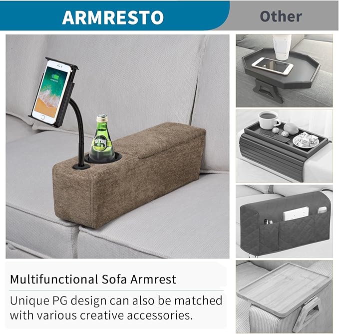 Multifunctional Sofa Armrest, Couch Armrest with Wireless Charge Stand, Removable Couch Caddy with Storage,Including LED Reading Light,Latte