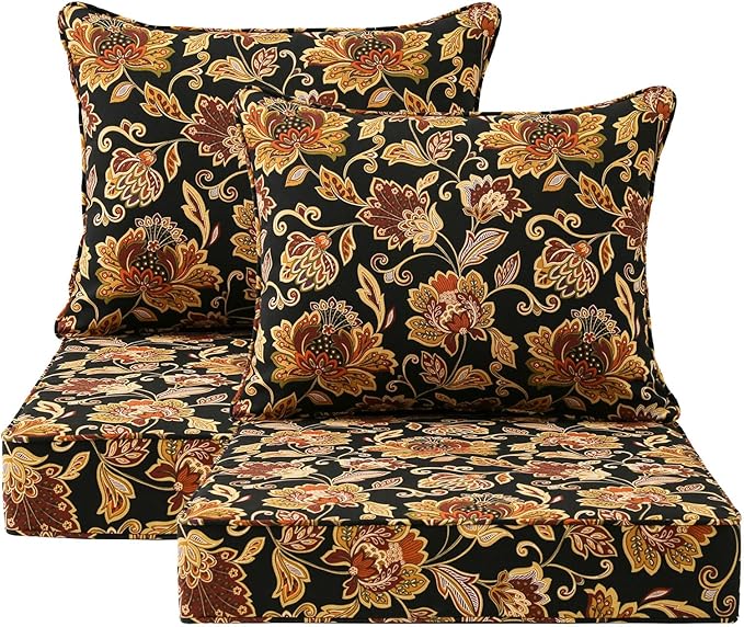 Outdoor Patio Chair Cushions Set, 24" x 24", Set of 2, Water-Repellent, Fade Resistant, Deep Seat Bottom and Back Cushion for Backyard, Couch, Sofa and Patio Furniture, Red Yellow Vine Flower