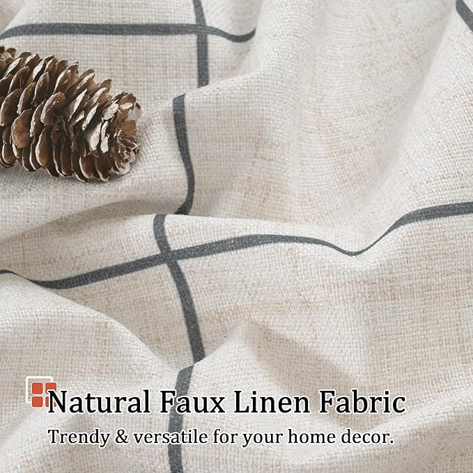 Linen Blackout Curtains for Bedroom - Boho Plaid Curtains Thermal Insulated, Pattern Printed Cottage Rustic Drapes Window Treatments for Farmhouse, 52x63 Inch 2 Panels, Dark Grey