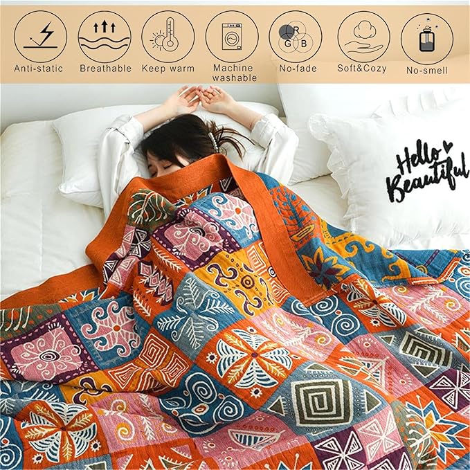 MSGKV Boho Throw Blanket King Size Christmas Blanket 100% Cotton Blankets for Couch Bed, Cotton Quilts Muslin Bed Blanket 90''x 98'' Cozy Pre-Washed Decor Gift for All Seasons
