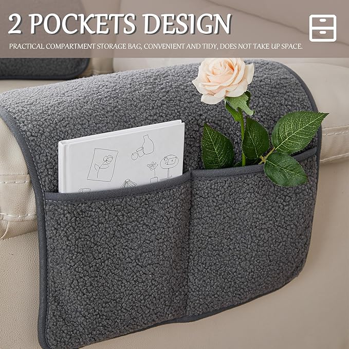 Armrest Cover, Recliner Chair Protector, Furniture Protector Slip, Side Storage Pocket, Stretch Armchair Couch Arm Rest Cover for Recliner, Chair, Sofa (Light Gray,3 Seater(5pcs))