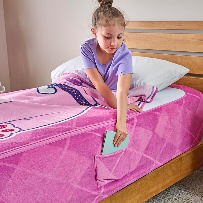 ZippySack Twin Bed Zip-Up Bedding – Super Soft Fleece Fitted Blanket with Side Pocket & Durable Zipper – Easy Bed-Making for Kids (Kitty)