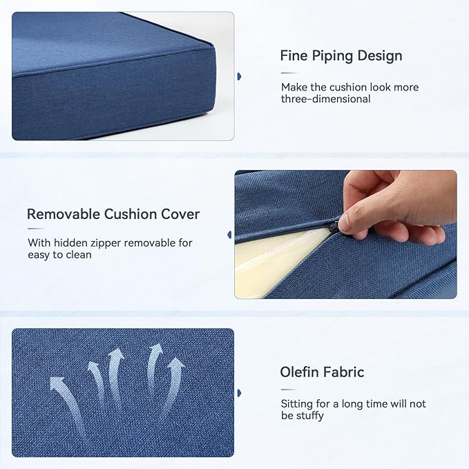 Luxury 6" Outdoor Cushions for Patio Furniture, 24x24x6" Thick Seat Cushion Set of 8, Fade Resistant Couch Chair Replacement Cushions High Density Deep Wicker Chair Cushion w/ Removable Cover, Blue