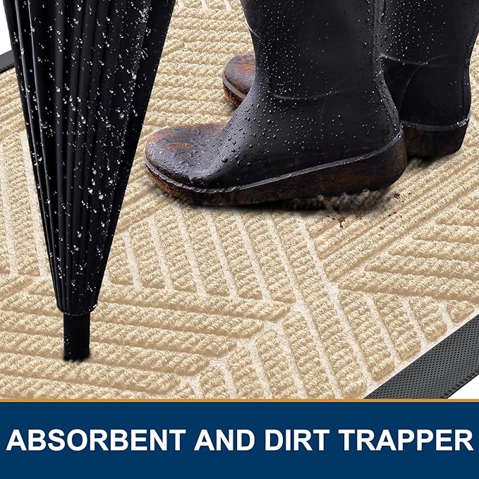 Smiry Front Door Mat Outside Entrance, Heavy Duty Sturdy Natural Rubber Doormat, Trap Dirt and Moisture, Easy Clean Low Profile Mats for Indoor Outdoor Entry, Irregular Triangle (59x35, Beige)
