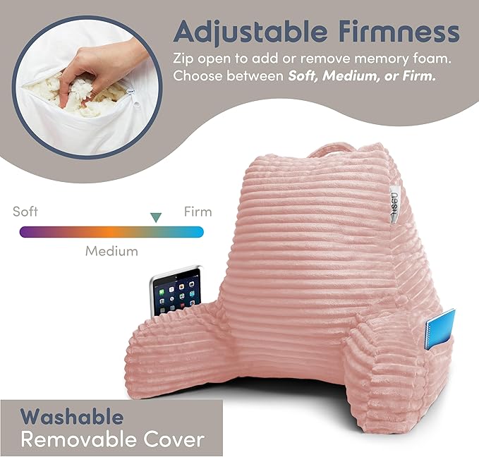 Nestl Reading Pillow with Shredded Memory Foam, Luxe Cut Plush Back Pillow for Sitting Up in Bed, Back and Arms Adjustable Support for Adult & Teens, Backrest Pillows with Washable Cover Peach Beige