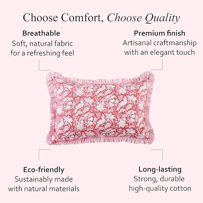 CPC Ruby Red 100% Cotton Block Print Ruffle Sham Cover 20X36 inch Pack of 2, Handmade Boho Floral Pillowcase, Soft Decorative King Bed Pillow Cover for Bedroom Décor