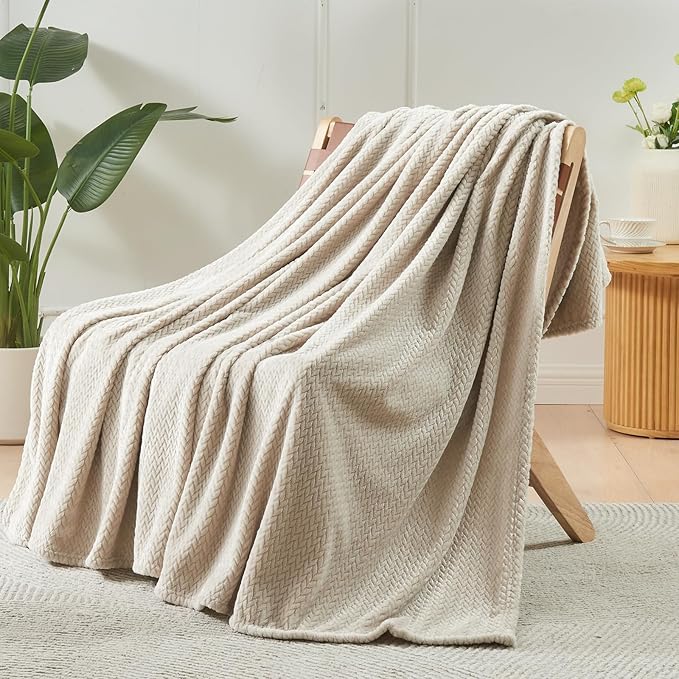 NEWCOSPLAY Super Soft King Blanket Linen Premium Silky Flannel Fleece Leaves Pattern Lightweight Bed Blanket All Season Use (Linen, King(90"x110"))