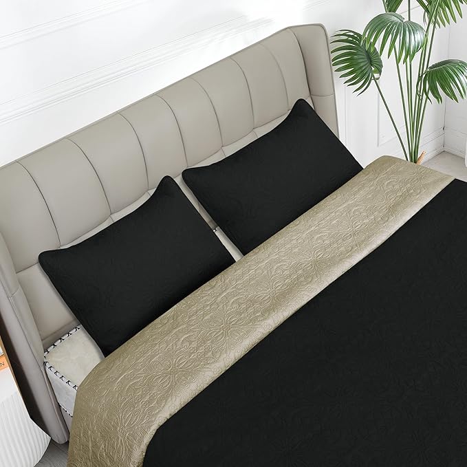 Easy-Going Twin Size Reversible Quilt Set with 1 Quilt and 1 Pillow Sham, Soft Bed Quilt Cover, Water Resistant Lightweight Microfiber Bedspread, Stain Resistant, Damask-Black/Beige