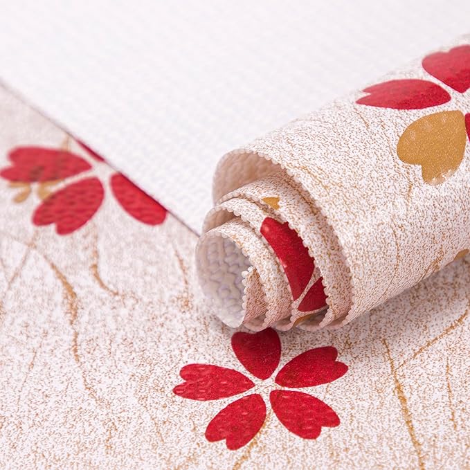 RAY STAR 18X96 Inch Shelf Liner for Kitchen Cabinets, Non-Adhesive Cabinet Liner Washable, PVC Drawer Liner for Dresser Non-Slip Bathroom (Red Floral)(4 Roll)