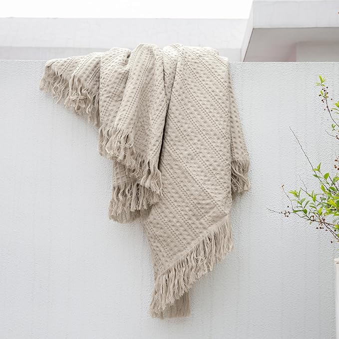 100% Cotton Waffle Blanket with Fringe, Pre-Washed Waffle Weave Blanket for All Season, Lightweight Breathable Soft Cozy Throw Blanket for Couch, Bed, Travel (Beige - 66x90 Inches)