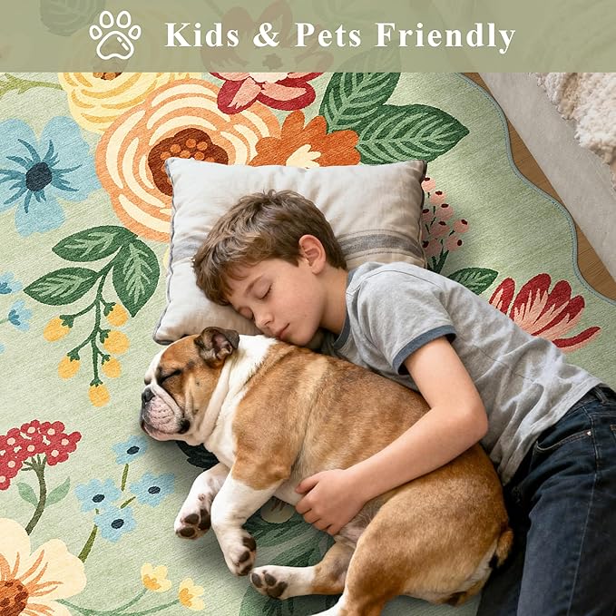 DUKINO 5x7 Area Rug, Floral Washable Rugs for Living Room with Non Slip Backing & Non-Shedding, Lightwight Low Pile Boho Design Large Carpets for Bedroom, Living Room, Dining Room, Green