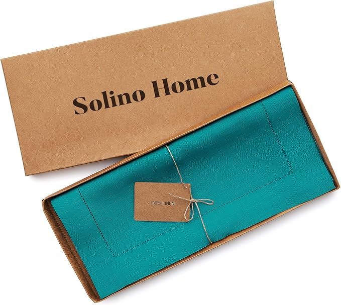 Solino Home Linen Teal Table Runner 132 Inches Long - 100% Pure Linen Extra Long Table Runner 14 x 132 Inch - Classic Hemstitch
