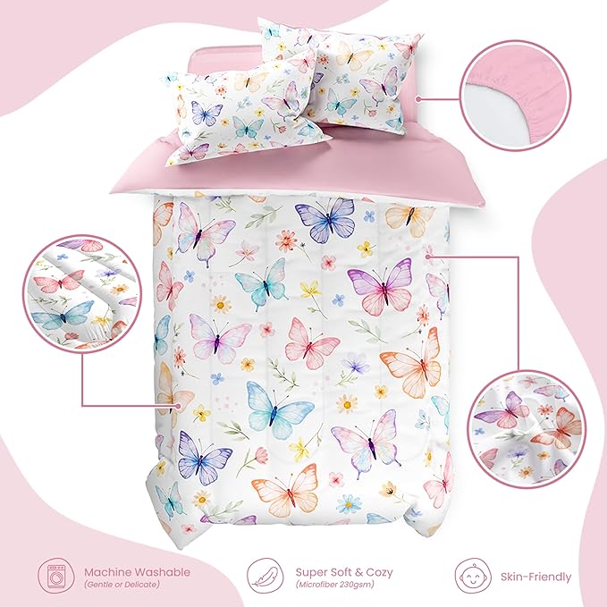 SANDJEST Butterfly Duvet Cover Sets Full Size for Kids Girls, Incude 1 Polyester Comforter Cover 80x90 Inches and 2 Pillowcases 20x26 Inches, Comforter Not Included, Gift for Christmas Birthday