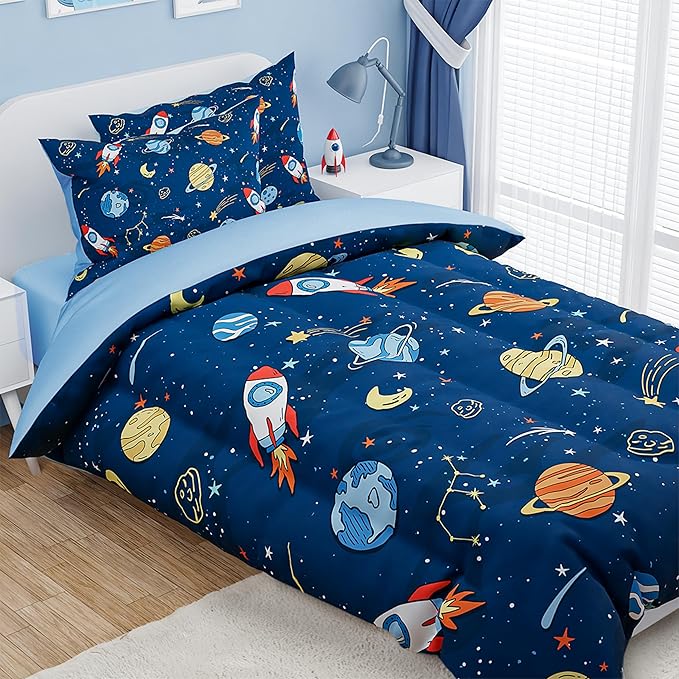 SANDJEST Outer Space Comforter Set Full Size 98x86in for Kids Boys, Microfiber 4 Pcs Bedding Set Includes 1 Comforter, 2 Pillowcases, 1 Fitted Sheet, Nursery Room Decor