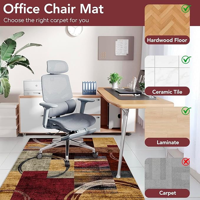 Office Chair Mat for Hardwood Floor&Tile Floor,48"X 60" Heavy Duty Desk Chair Mat for Hard Floors,Under Desk Rug for Rolling Computer Chair,Anti Slip,Low Pile Carpet Floor-Geo Multi