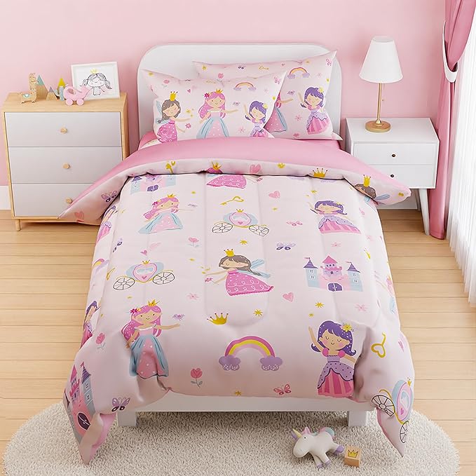 SANDJEST Princess Comforter Set Twin Size 68x86in for Kids Girls, Microfiber 3 Pcs Bedding Set Includes 1 Comforter, 1 Pillowcase, 1 Fitted Sheet, Nursery Room Decor