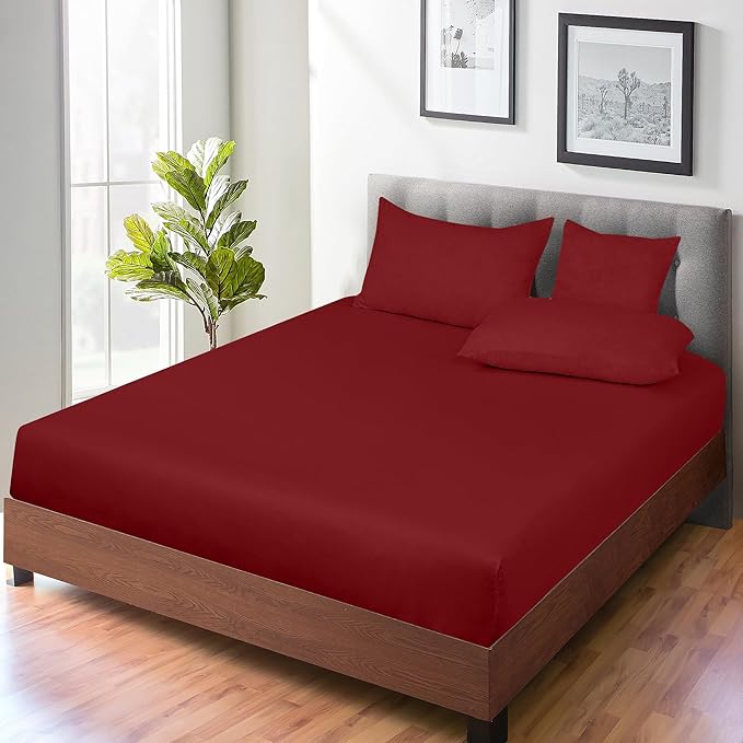 ROYALE LINENS 300 Thread Count 100% Long Staple Combed Cotton Fitted Sheet King - Super Soft Deep Pocket Bottom Sheet - Fitted Sheets Only - Elastic Sheets (King, Red)