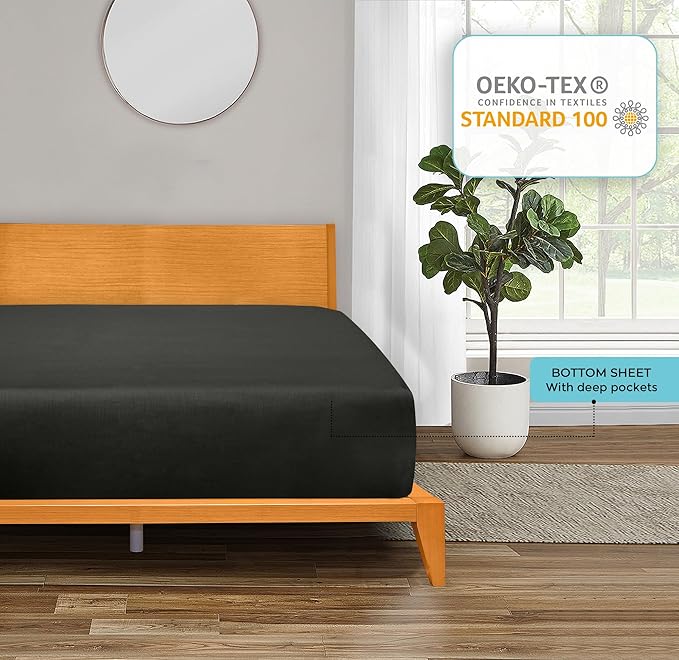 ROYALE LINENS 300 Thread Count 100% Long Staple Combed Cotton Fitted Sheet California King - Super Soft Deep Pocket Bottom Sheet - Fitted Sheets Only - Elastic Sheets (Cal King, Black)