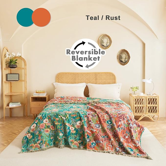 MSGKV Boho Throw Blanket 60"x80" Floral Blankets for Bed 100% Cotton Twin Size Couch Blanket Lightweight Farmhouse Muslin Breathable Home Decor All Seasons