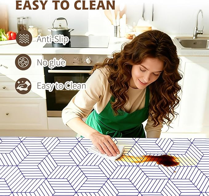 Shelf Liners for Kitchen Cabinets 17.3in x 20FT, Non Adhesive Cabinet Liner Strong Non-Slip White and Blue Geometric Drawer Liner, Easy to Clean for Shelf, Cabinet with Knife and Tape Measure