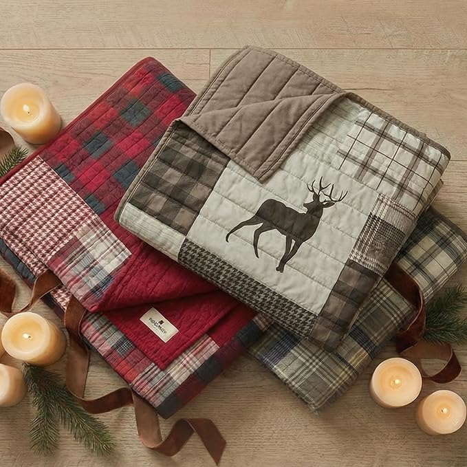 Woolrich Luxury Quilted Throw - Cabin Lifestyle, Patchwork with Moose Design All Season, Lightweight and Breathable Cozy Bedding Layer Throws for Couch Sofa, 50" W x 70" L, Tasha Red