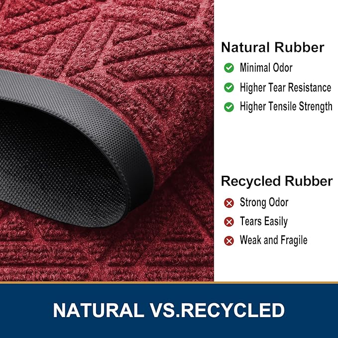 Smiry Front Door Mat Outside Entrance, Heavy Duty Sturdy Natural Rubber Doormat, Trap Dirt and Moisture, Easy Clean Low Profile Mats for Indoor Outdoor Entry, Grid Geometric (29.5x17, Wine Red)