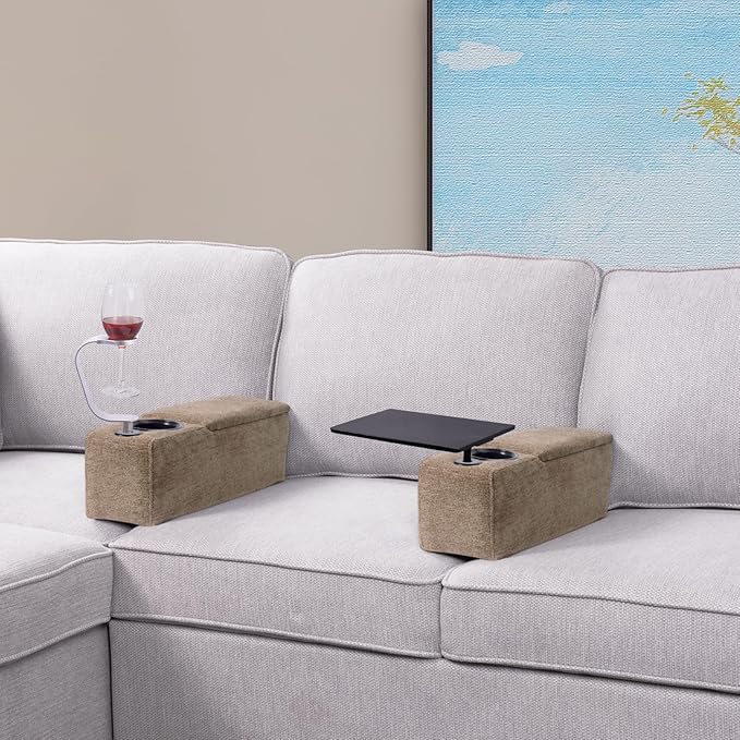 Multifunctional Sofa Armrest, Couch Armrest with Wireless Charge Stand, Removable Couch Caddy with Storage,Including LED Reading Light,Latte