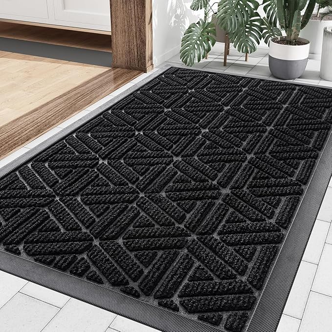 Smiry Front Door Mat Outside Entrance, Heavy Duty Sturdy Natural Rubber Doormat, Trap Dirt and Moisture, Easy Clean Low Profile Mats for Indoor Outdoor Entry, Grid Geometric (29.5x17, Black)