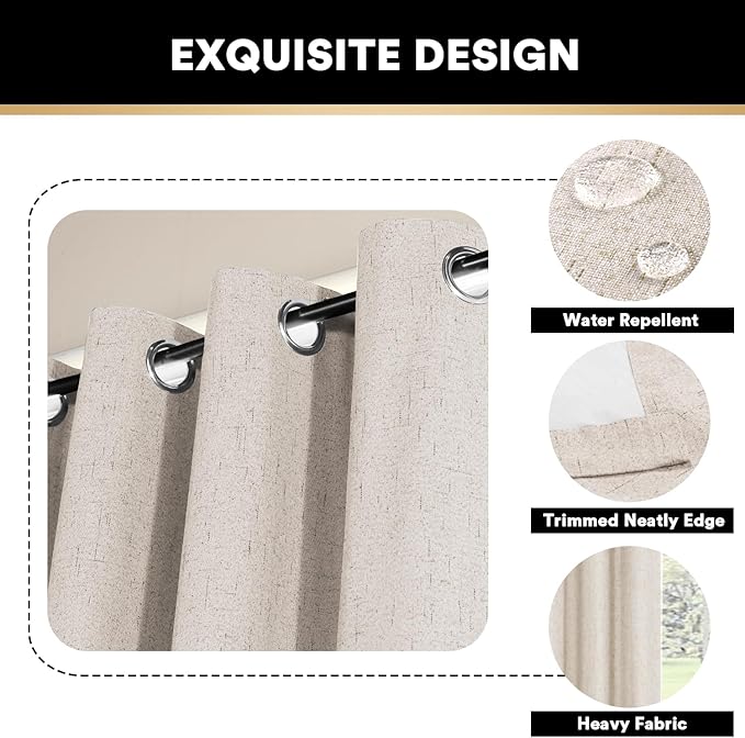 PrinceDeco 100% Black Out Curtains 64 inch Long 2 Panels for Bedroom Anti-Rust Grommet Thermal Insulated Flax Textured Full Blackout Window Draperies with White Liners,Set of 2,W42 X L64,Natural