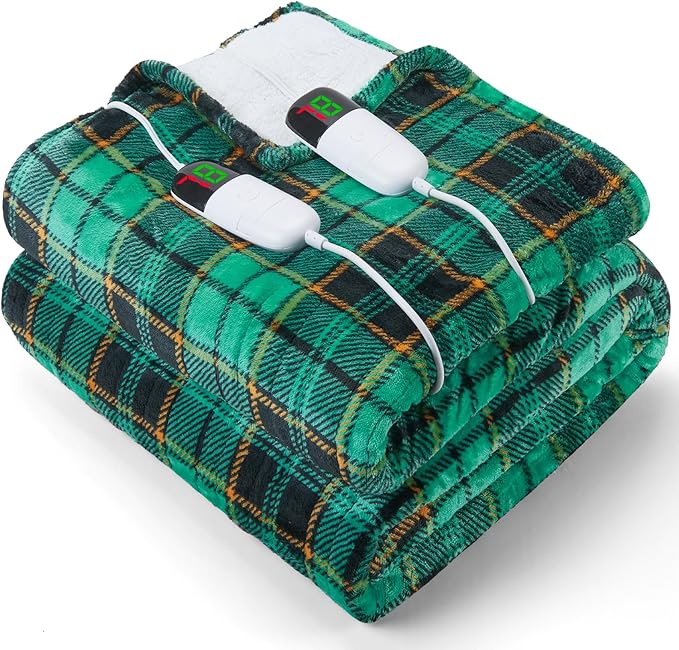 Heated Electric Blanket Queen Size, 84X90 Christmas Blanket With Dual Control&10 Heats Levels&Timer For Bed,Green Plaid Sherpa Heating Blankets Queen Warmer Gift for Grandma Women Adults, Washable