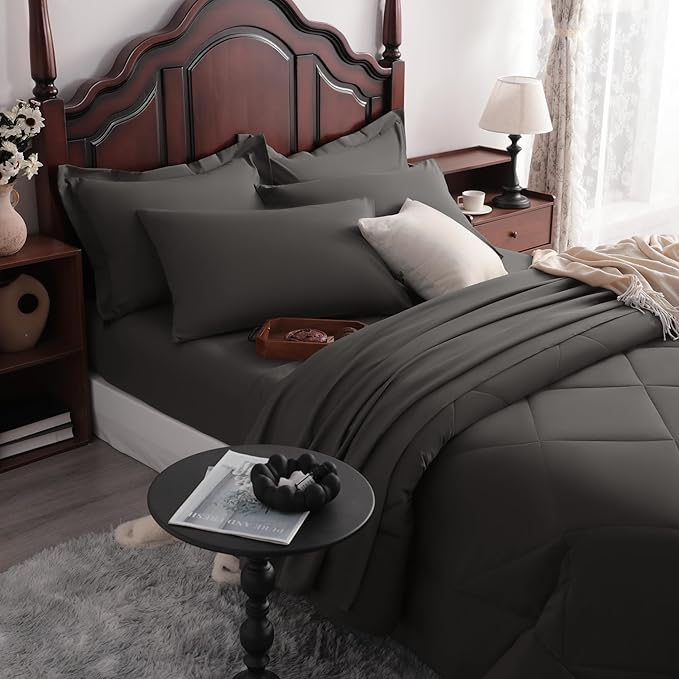 NTBAY King Comforter Set with Sheets, 7 Pieces Soft and Breathable King Bedding Set, Bed in a Bag, Down Alternative Comforter Set Solid Color All Season, King Bedding Set, Dark Grey