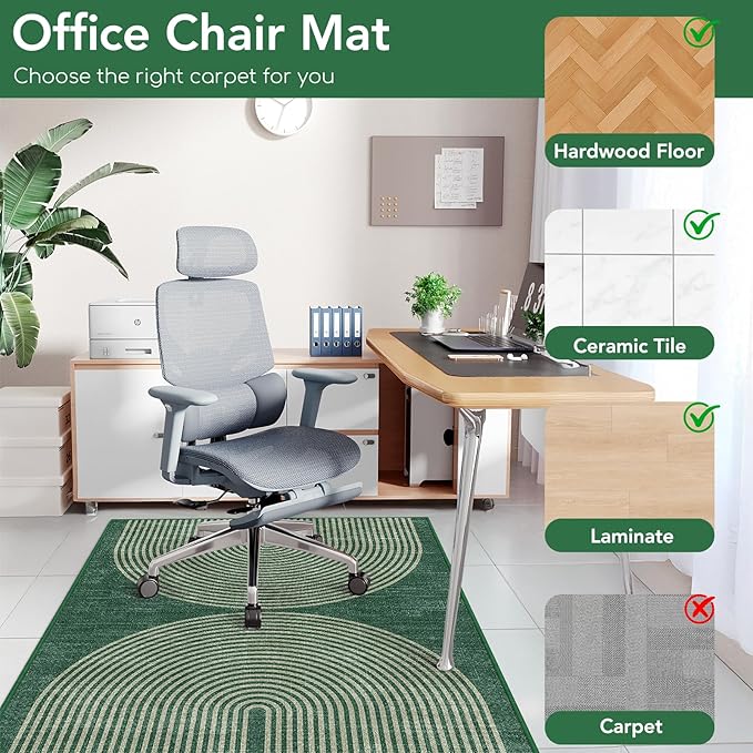 Office Chair Mat for Hardwood Floor&Tile Floor,48"X 60" Heavy Duty Desk Chair Mat for Hard Floors,Under Desk Rug for Rolling Computer Chair,Anti Slip,Low Pile Carpet Floor-Geo Green