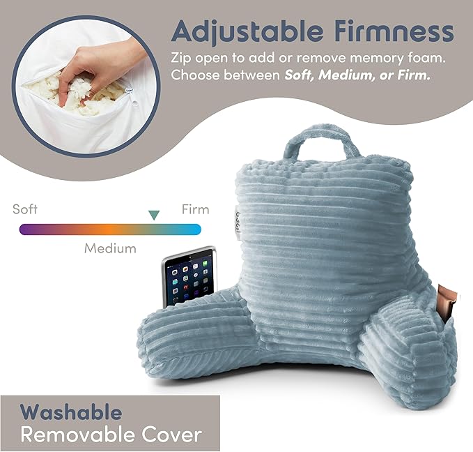 Nestl Reading Pillow for Kids & Teens with Shredded Memory Foam, Luxe Cut Plush Backrest Pillows for Reading and Gaming, For use on Couch, Bed, Floor, Adjustable Support with Washable Cover Stone Blue